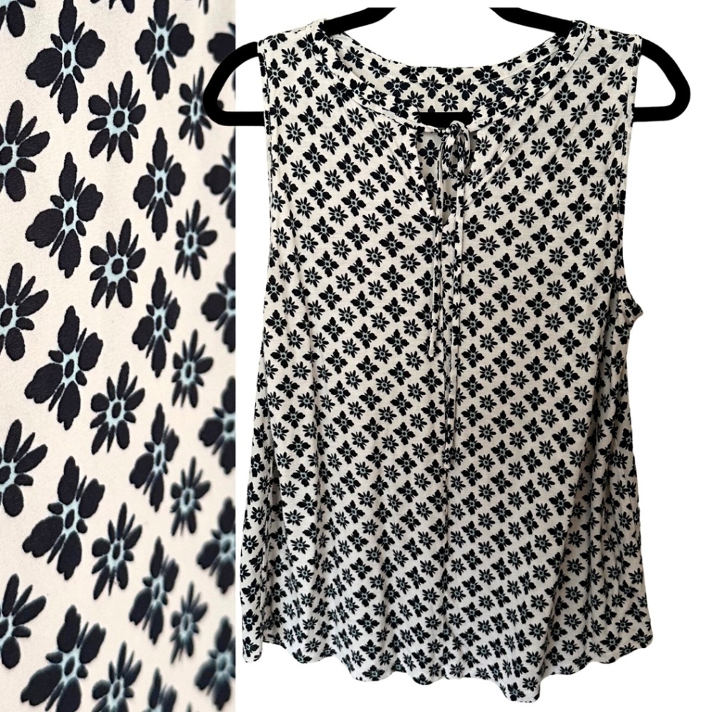 LOFT Medium Tie Back Sleeveless navy, white and light blue floral blouse